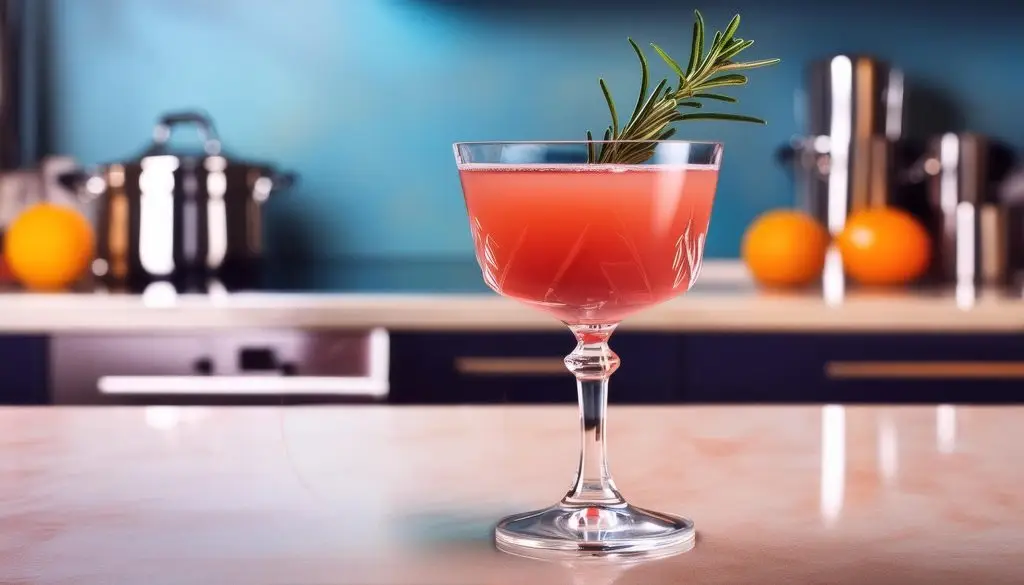 A close-up of a Honey Cosmo cocktail garnished with fresh rosemary