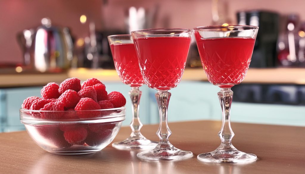 Three Raspberry Cosmos in a kitchen next to a bowl of fresh raspberries