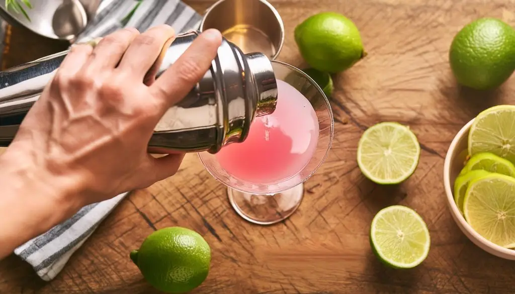 Top view of a hand straining a Cosmo into a coupe glass on a wooden surface with limes