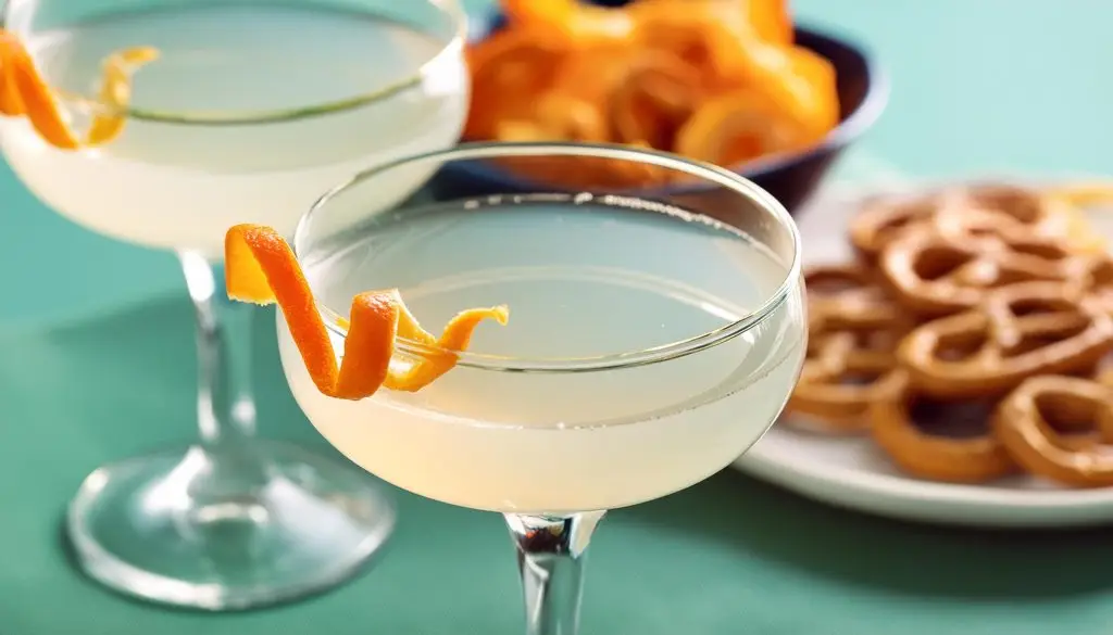 Close-up of two White Cosmos with orange twist garnish, served with a plate of pretzels