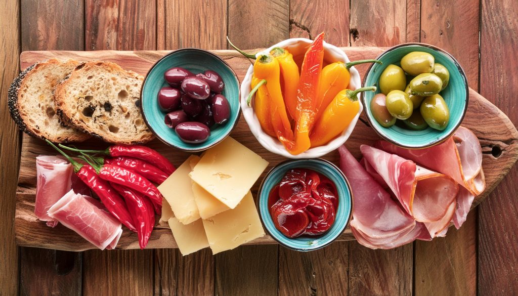 An overhead shot of a charcuterie board