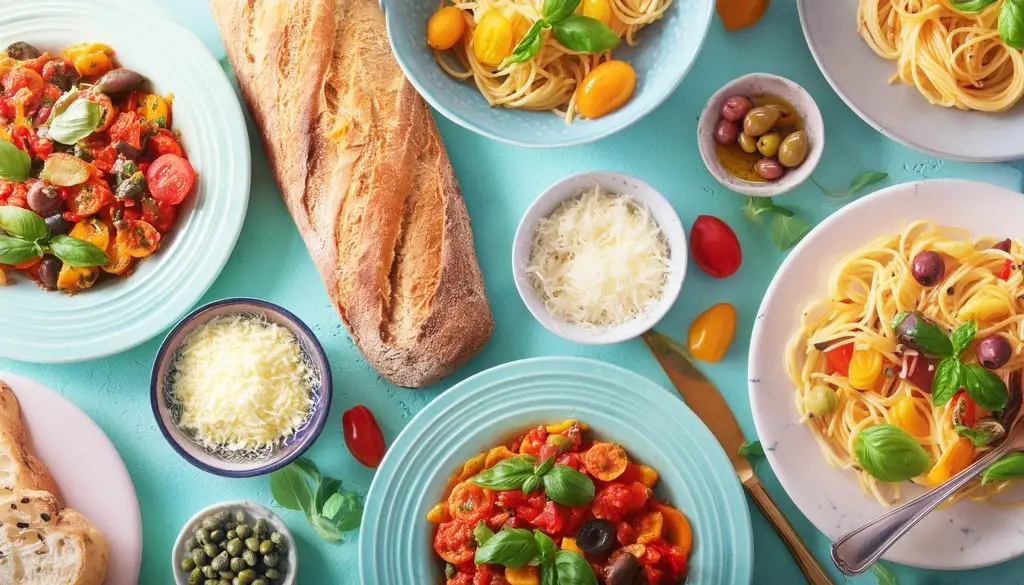 An overhead shot of a potluck dinner concept with pastas and ciabatta 