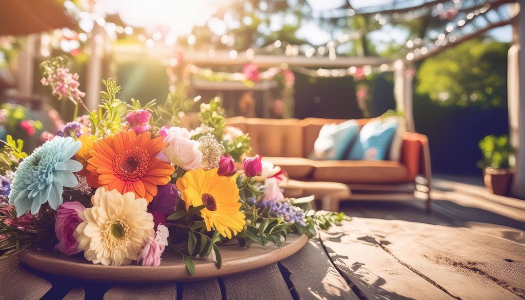 A spring flower arrangement with an outdoor seating area in the background