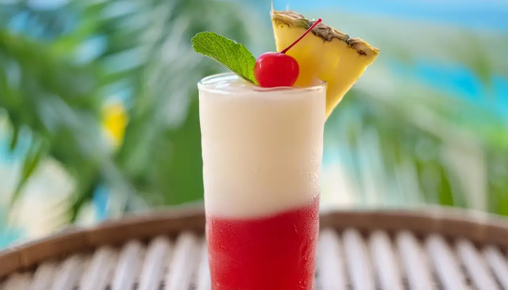 Closeup of a Miami Vice cocktail for a tropical housewarming party theme