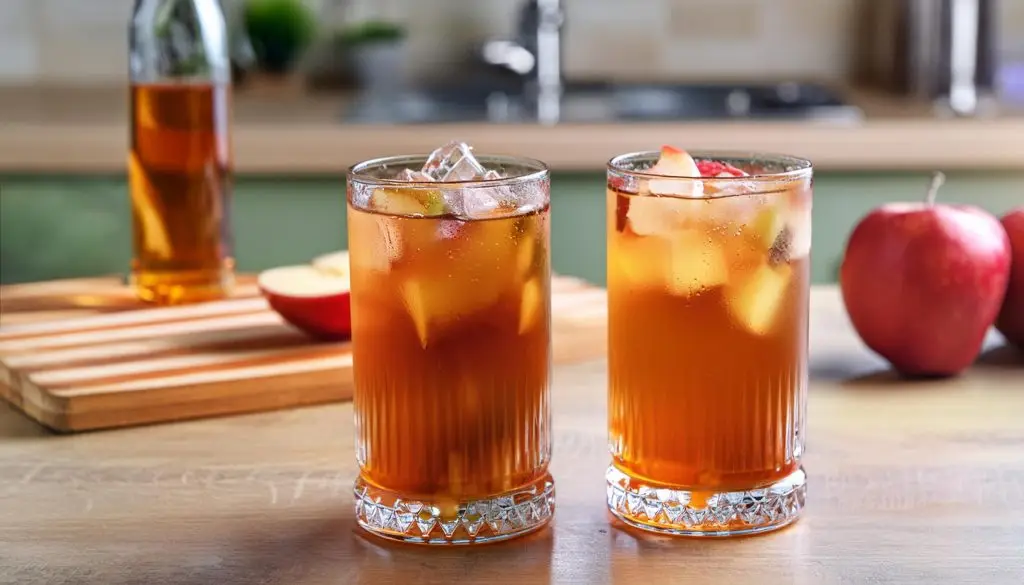 Two Apple Cider Bourbon cocktails on a counter in a modern home kitchen