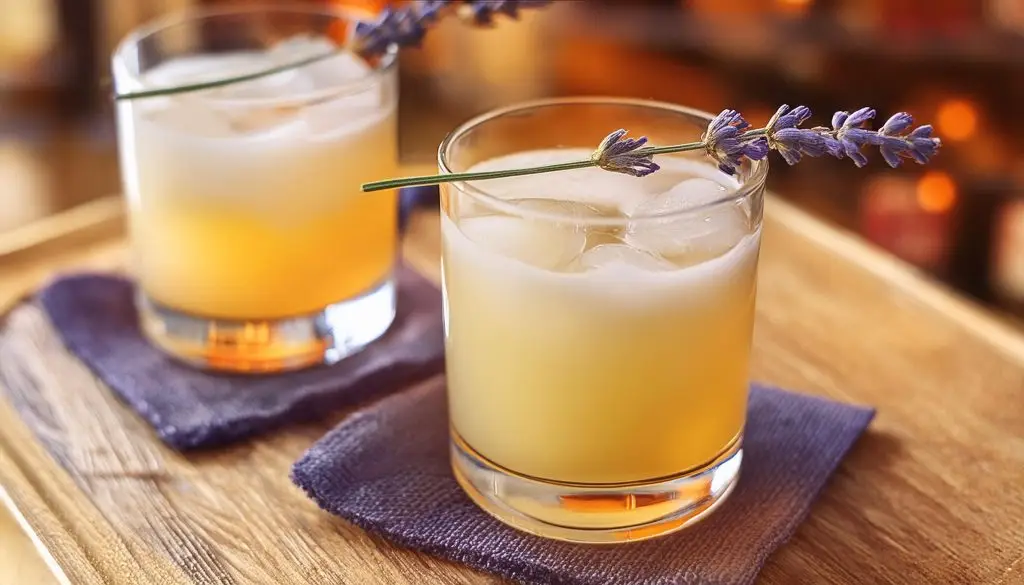 Two Lavender Old Fashioned cocktails on a wooden table in a light bright home environment