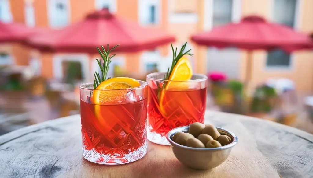 How to choose the best vermouth for a Negroni - two Negroni cocktails garnished with orange slices and rosemary on a table outside next to a bowl of olives