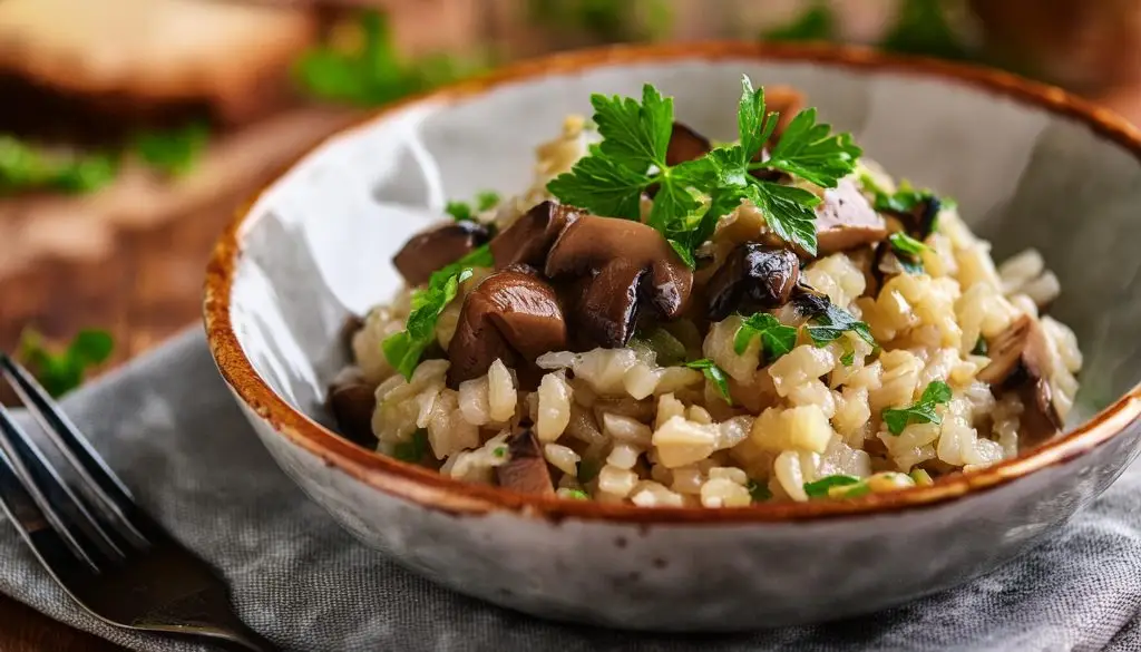 Close up of a bowl of Mushroom Risotto garnished with fresh herbs, on a table set for a lingering lunch