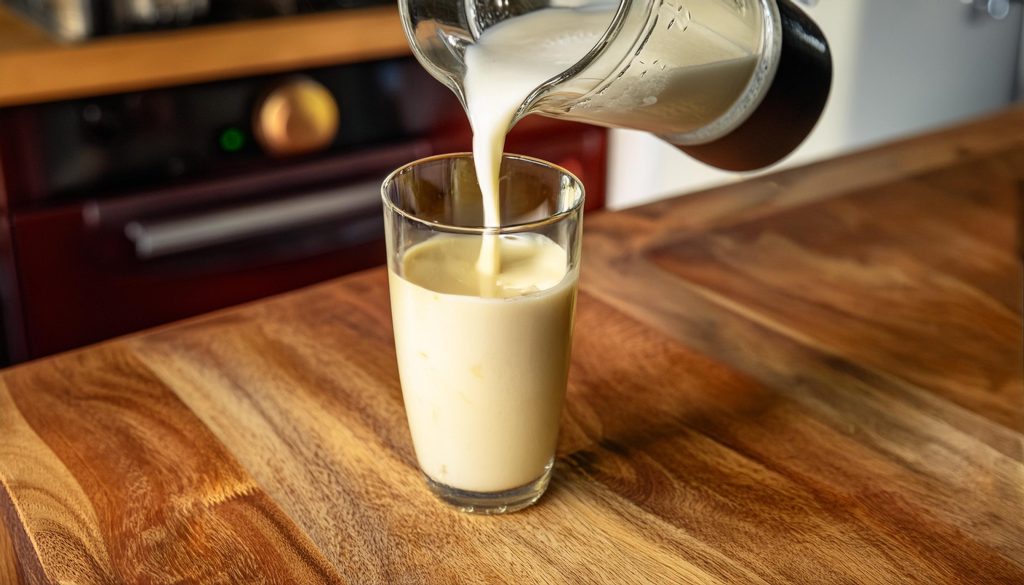 Close up image of a creamy white rum cocktail being poured into a glass from a pitcher in a home kitchen environment