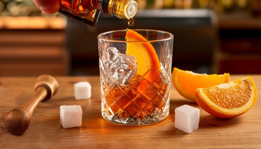 Close-up of bitters being added to an Old Fashioned cocktail