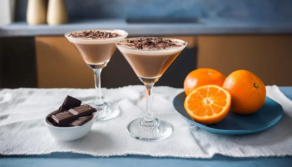 Two Chocolate Orange Espresso Martini on a counter in a modern kitchen, flanked by a bowl of dark chocolate and some fresh oranges