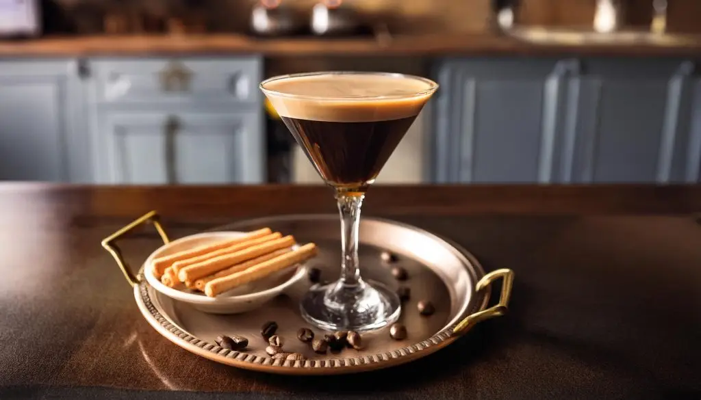 A Cold Brew Espresso Martini on a silver plate on a wooden counter, served with some cookies