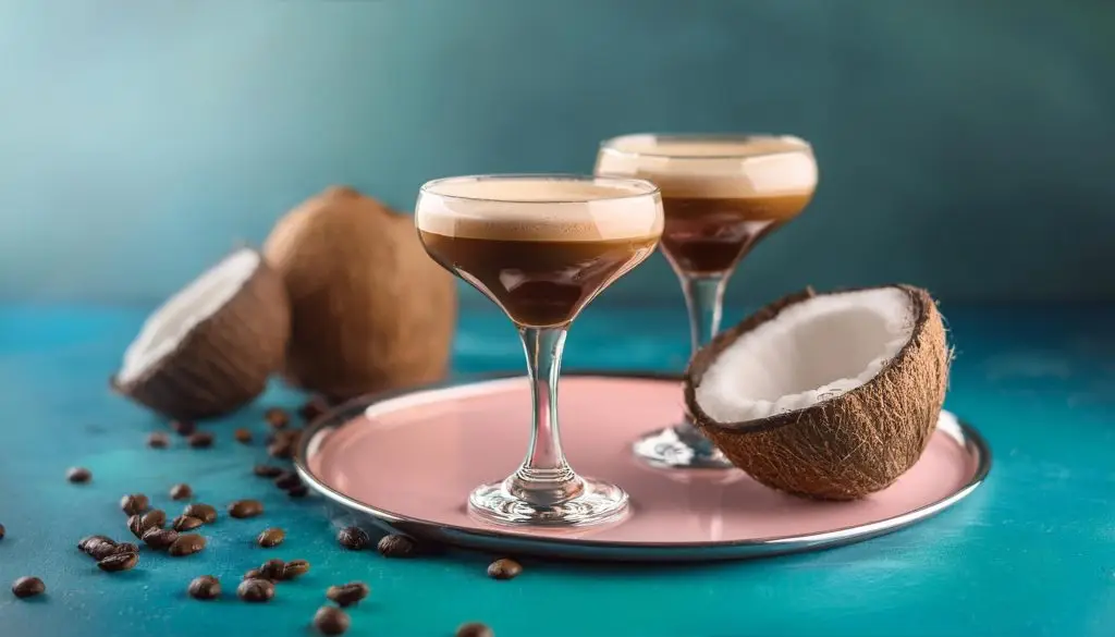 Two Mezpresso Martini cocktails on a pink plate against a blue background, with whole coconuts around it