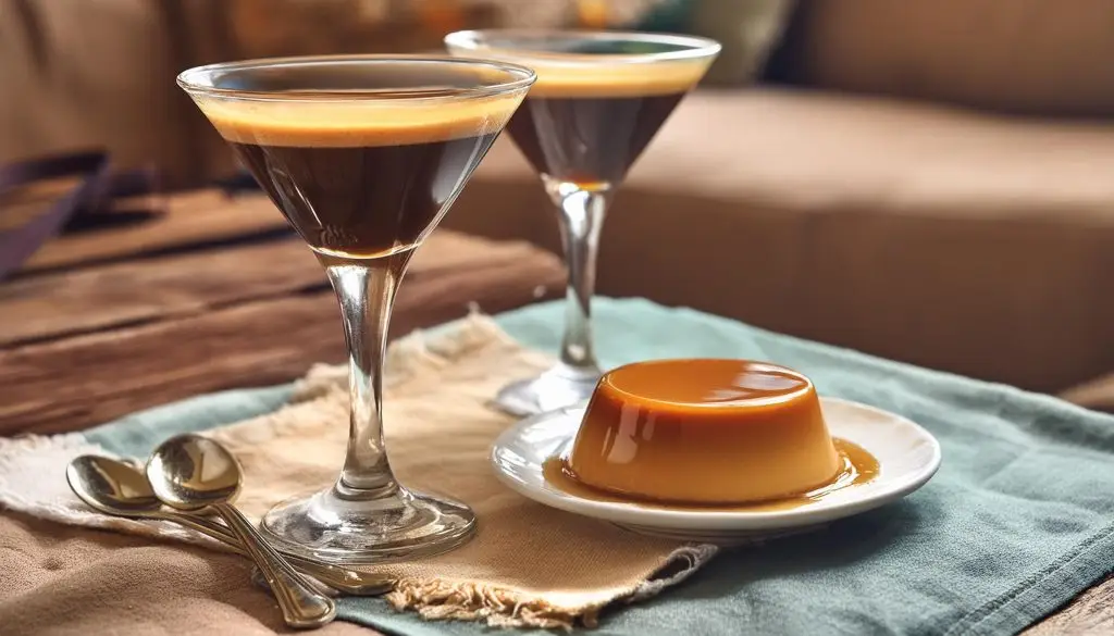 Two The Benevolent cocktails on a table in a modern lounge next to a plate with a flan on it