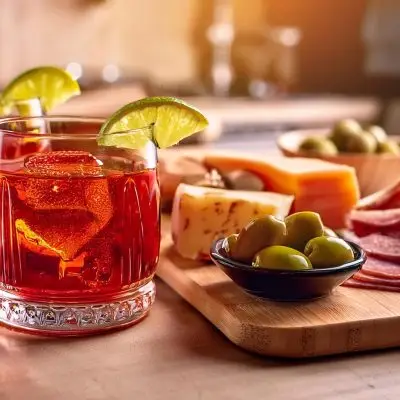 Two Tequila Negroni cocktails served with cheese and cured meats