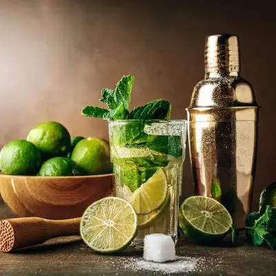 A muddled Mojito cocktail with a sugar cube, bowl of limes, fresh mint and a cocktail shaker