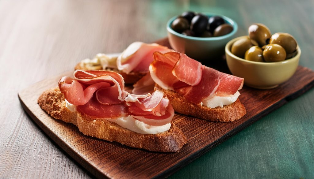 Close-up of bruschetta topped with cured meats served with bowls of black and green olives