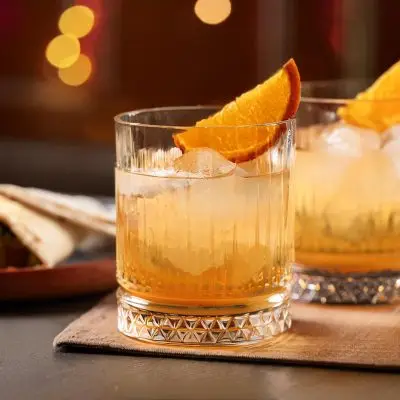 Close up of two Montelobos Mezcal Old Fashioned cocktails with orange wedge garnish