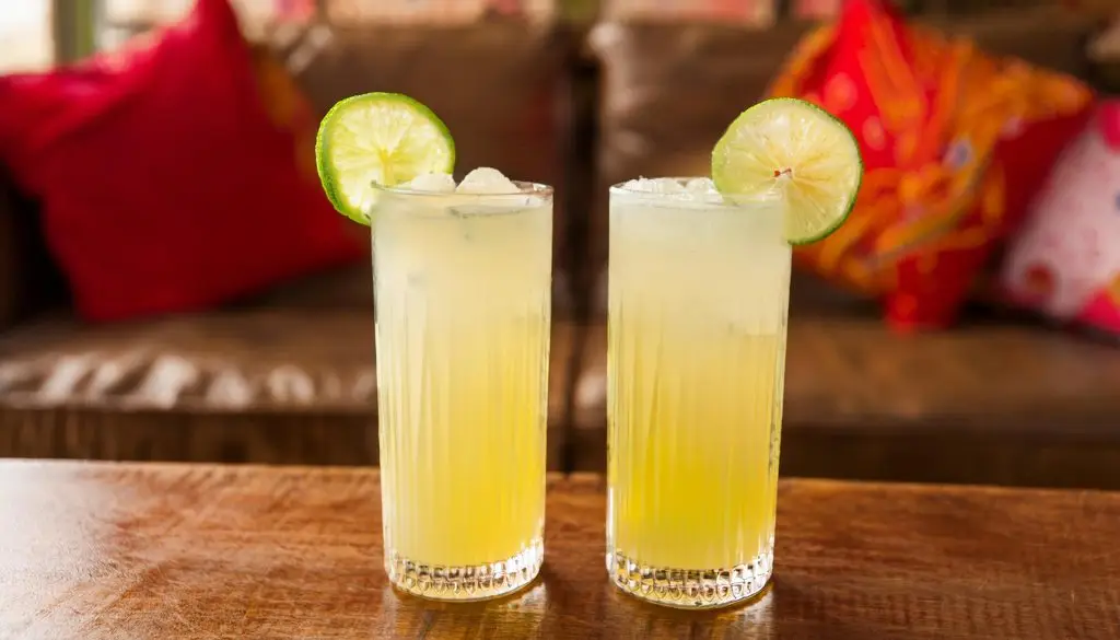 Close up of two Wray and Ting cocktails with lime wheel garnish