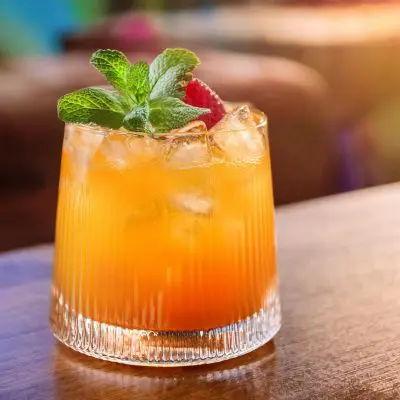 Close-up of a deep amber and orange colored Zombie cocktail with fresh mint and strawberry garnish