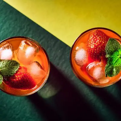 Two Wray and Nephew Rum Punch cocktails on a yellow and green surface shot from above