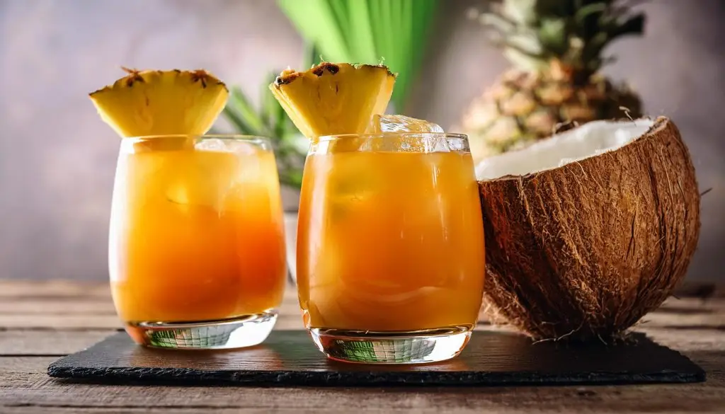 Two Wray and Nephew Coconut Rum Punch cocktails with pineapple garnish served next to a halved coconut 