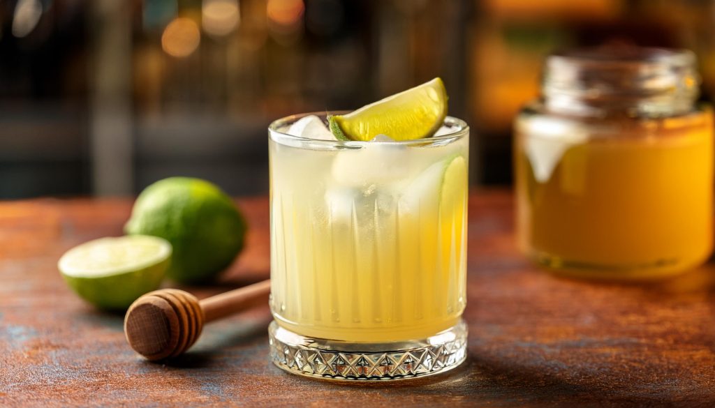 A Canchánchara Cuban cocktail served in a rocks glass with lime wedge garnish