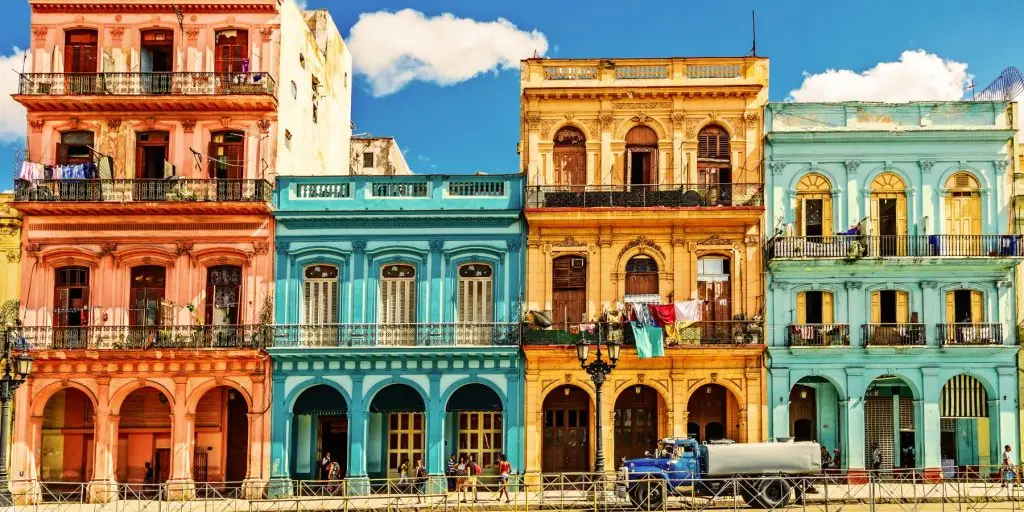 Street view of colorful buildings in Havana