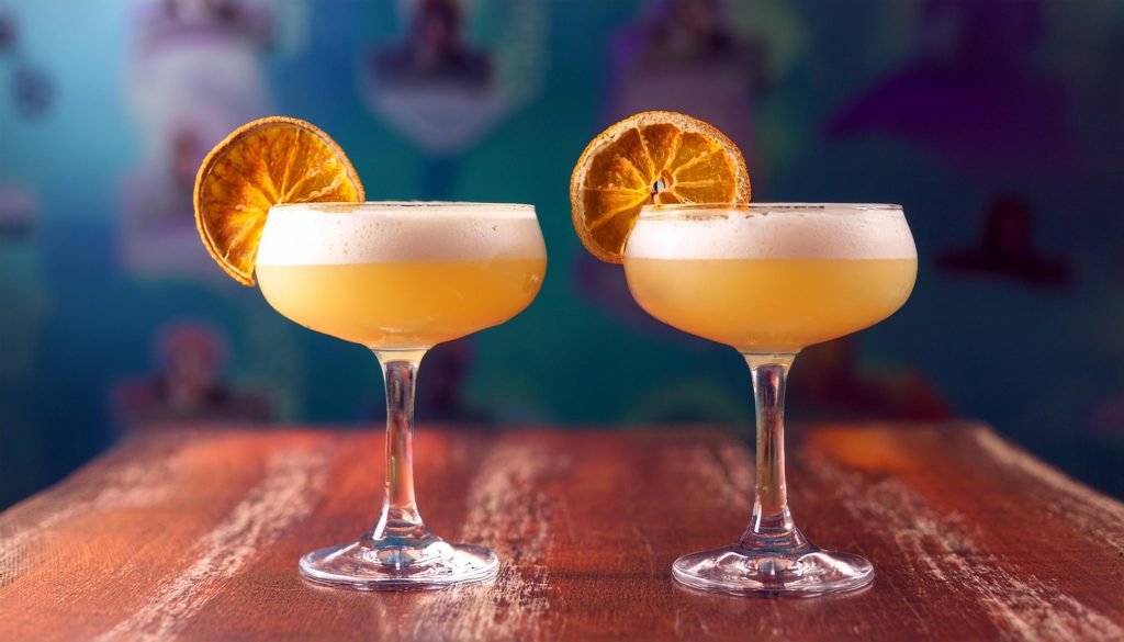 Two golden yellow Hotel Nacional Special cocktails with foamy tops served in coupe glasses with dehydrated orange wheel garnish