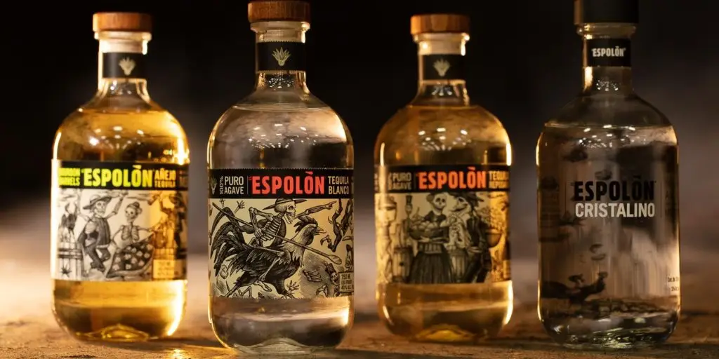 Close-up of different Espolòn tequila range bottles