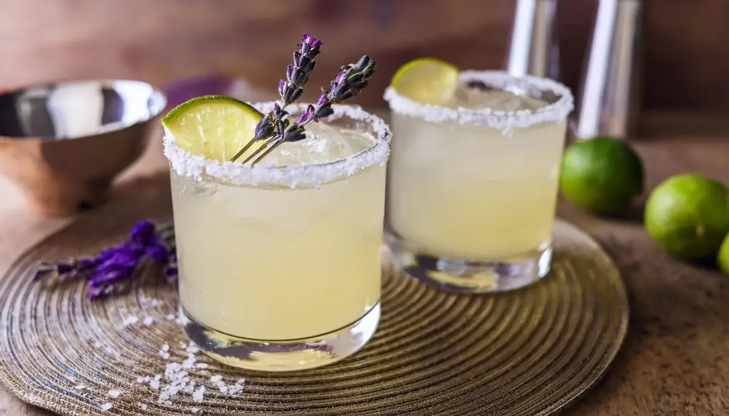 Two Lime Margaritas with lavender garnish