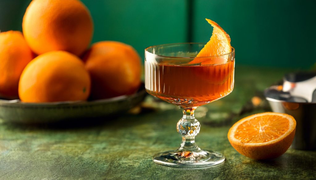 Close up of a Claudine cocktail in a coupe glass, on a green surface with a bowl of oranges in the background