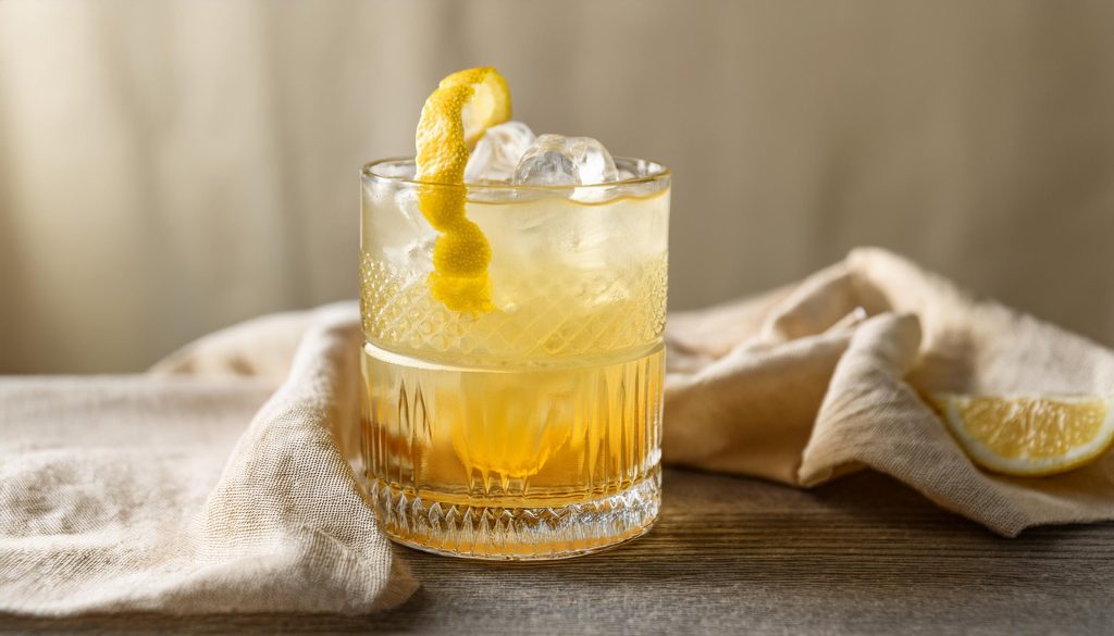 Close-up of a French Twist cocktail against a textured cream wall, with an ivory cloth draped around the cocktail