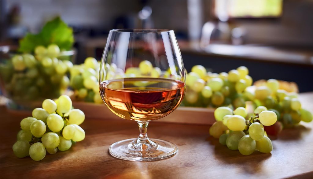 A glass of Cognac and white grapes