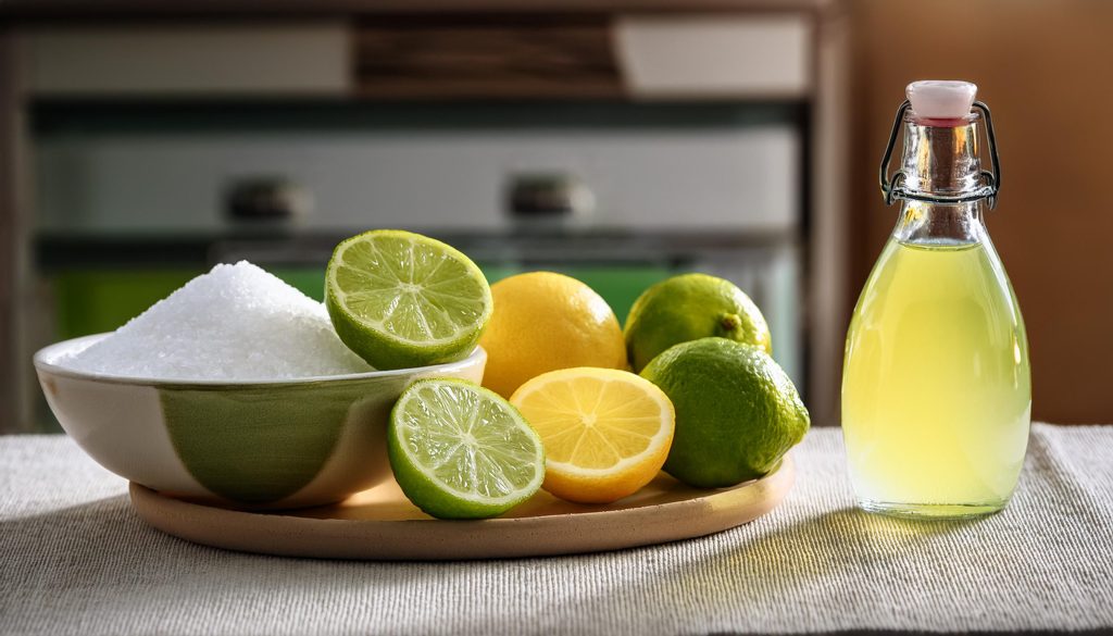 A bottle of sweet and sour mix next to a bowl of lemons and limes and sugar