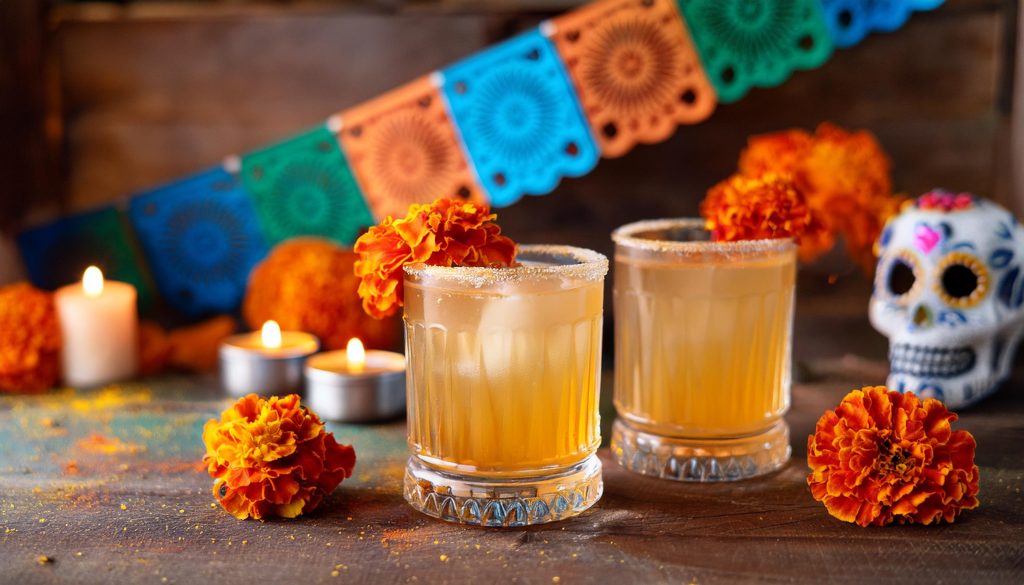 Two Flor de Oro cocktails with marigold garnish, Papel picado and sugar skulls in the background