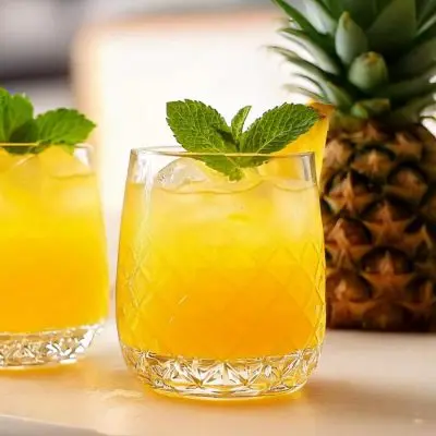 A bright yellow tropical cocktail called Grand Punch, served in crystal-patterned glasses filled with ice, garnished with fresh pineapple wedges and mint leaves, and placed next to whole pineapples on a light surface.