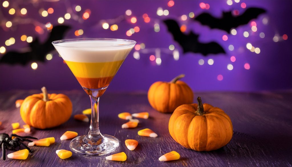 A layered Candy Corn Martini, served in a Halloween setting with purple background with fairy lights