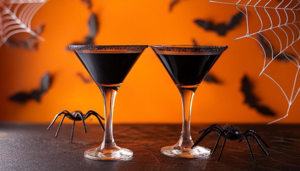 Two Black Magic cocktails served in Martini glasses, orange background with Halloween bats and spider decor