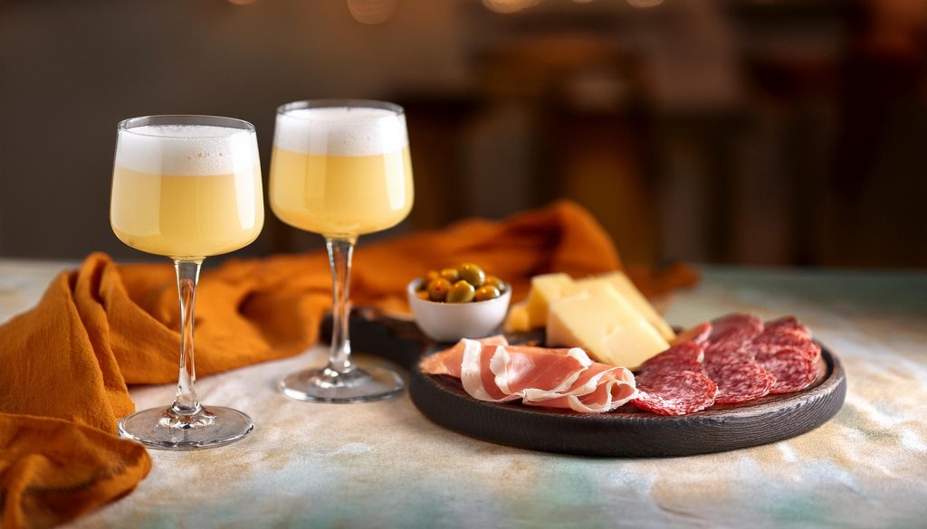 Two Wild Turkey Whiskey Sour cocktails served with a plate of antipasto