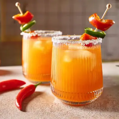 Two Salsa Sunset Savory Cocktails with bell pepper and jalapeño garnish