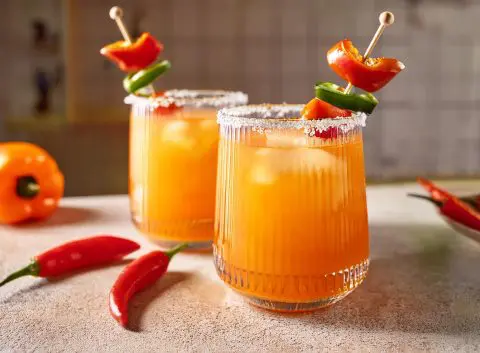 Two Salsa Sunset Savory Cocktails with bell pepper and jalapeño garnish