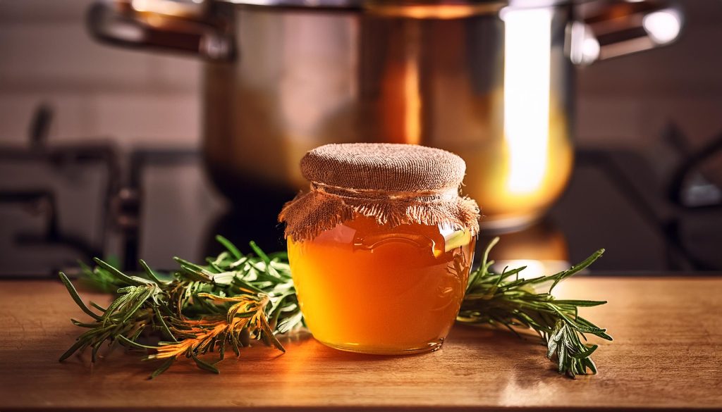 A jar of honey and bunch of rosemary in front of a saucepan on a stovetop