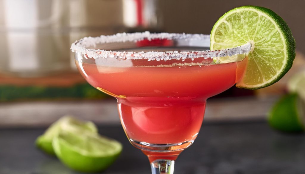 Close up of a strawberry margarita in a Margarita glass with a salt rim and a lime wheel as garnish