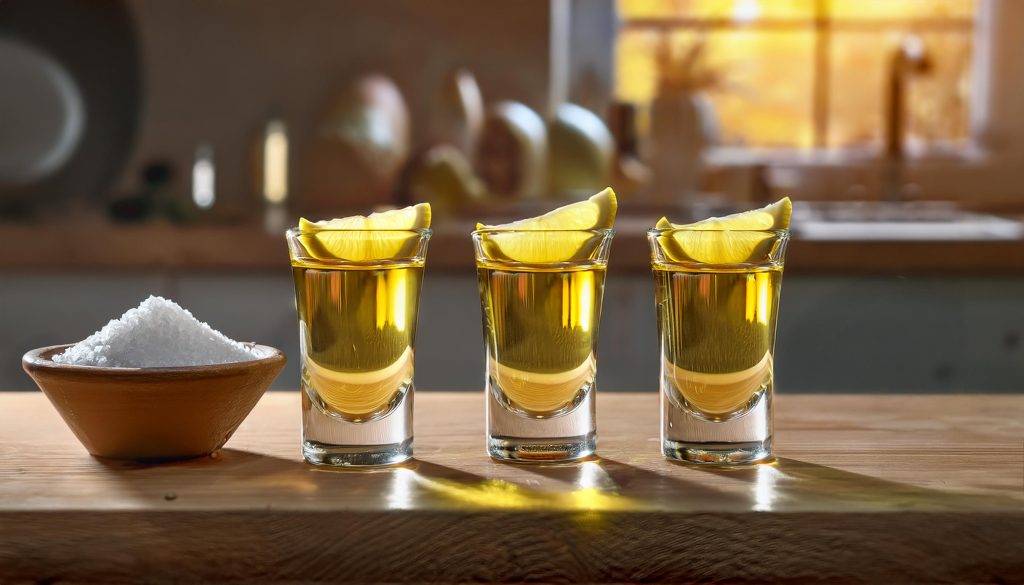 Close up of three glasses of tequila next to a bowl of salt, garnished with a lemon wedge each on a counter in a light, bright home kitchen