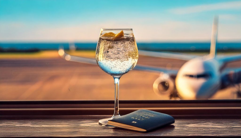 A glass of gin and tonic next to a passport on a window sill overlooking an airplane field beyond