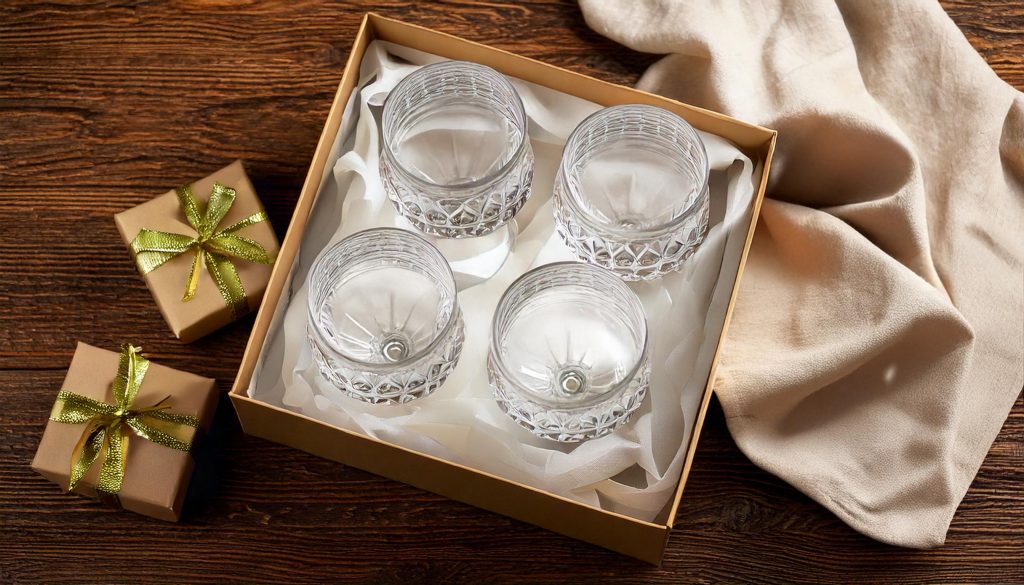 Top view of four personalised gin glasses for gin lovers in a gift box on a wooden table in a welcoming home environment