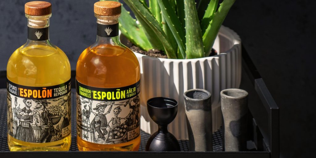 Two bottles of Espolòn Tequila on a bar cart next to a cactus plant