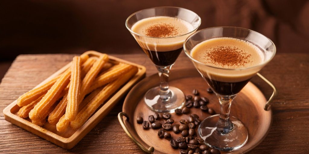 Two Tequila Espresso Martini cocktails on a copper serving platter next to a plate of fresh churros in an inviting home setting