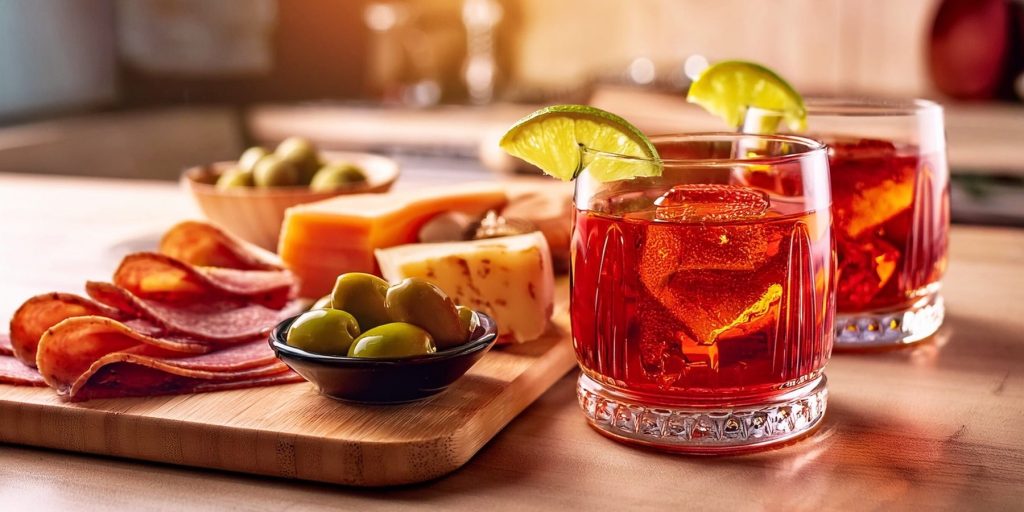 Two Tequila Negroni cocktails served with cheese and cured meats